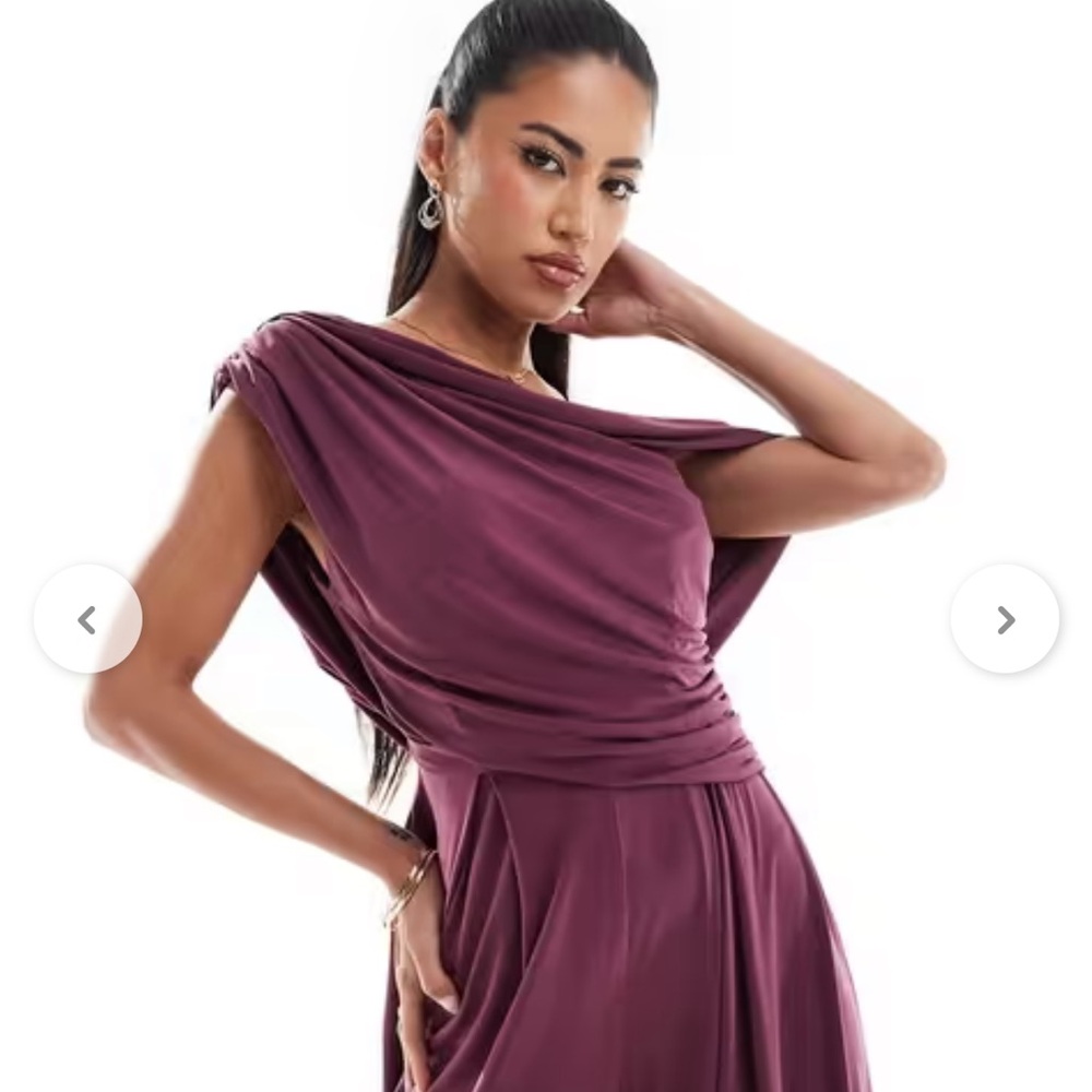 ASOS Wide-Leg Draped One-Shoulder Jumpsuit in Plum - Picture 3 of 4
